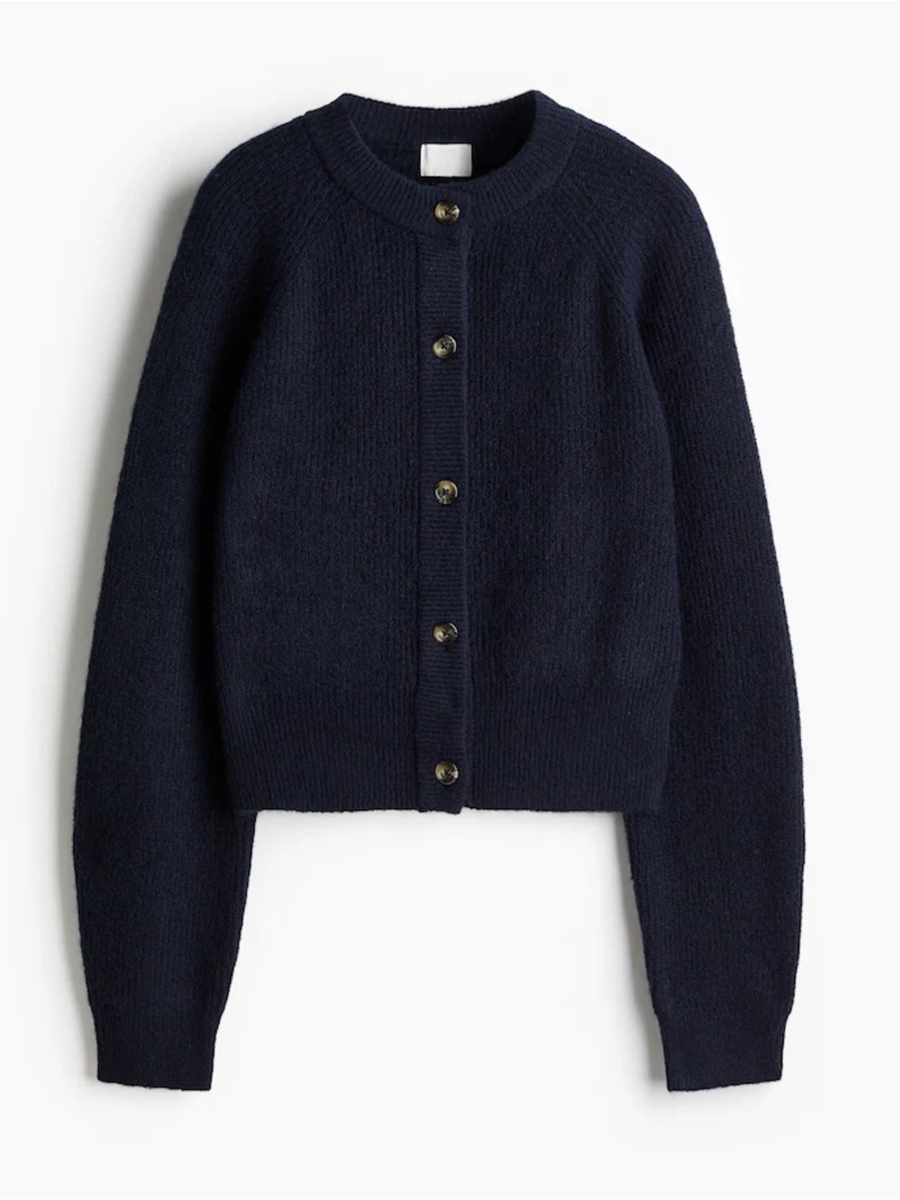 H&M Women's Size Large Rib-Knit Cardigan Sweater Navy Blue Crewneck Stretch Wool